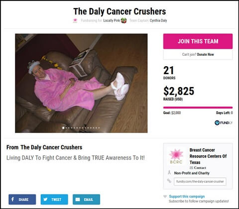 Here's an example crowdfunding campaign that raised money for breast cancer awareness, research, and treatment.