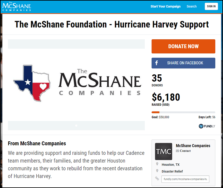 McShane Disaster Relief Fundraiser with Matching Gifts