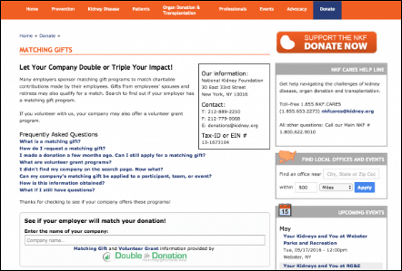 The National Kidney Foundation markets matching gifts and volunteer grants using a Double the Donation search tool.