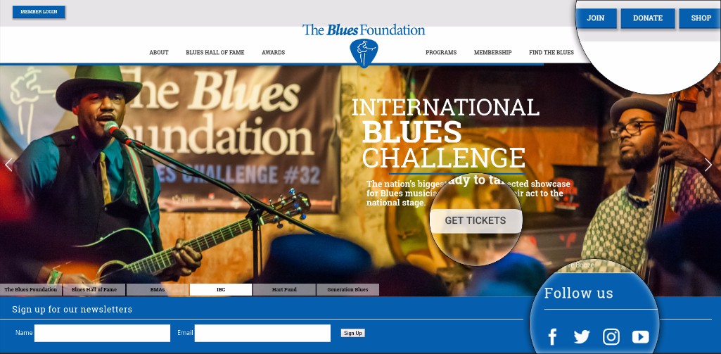 The Blues Foundation gives their supporters a multitude of engagement options, encompassing everything from making a donation to joining their membership program to signing up for their email newsletter to following them on social media.