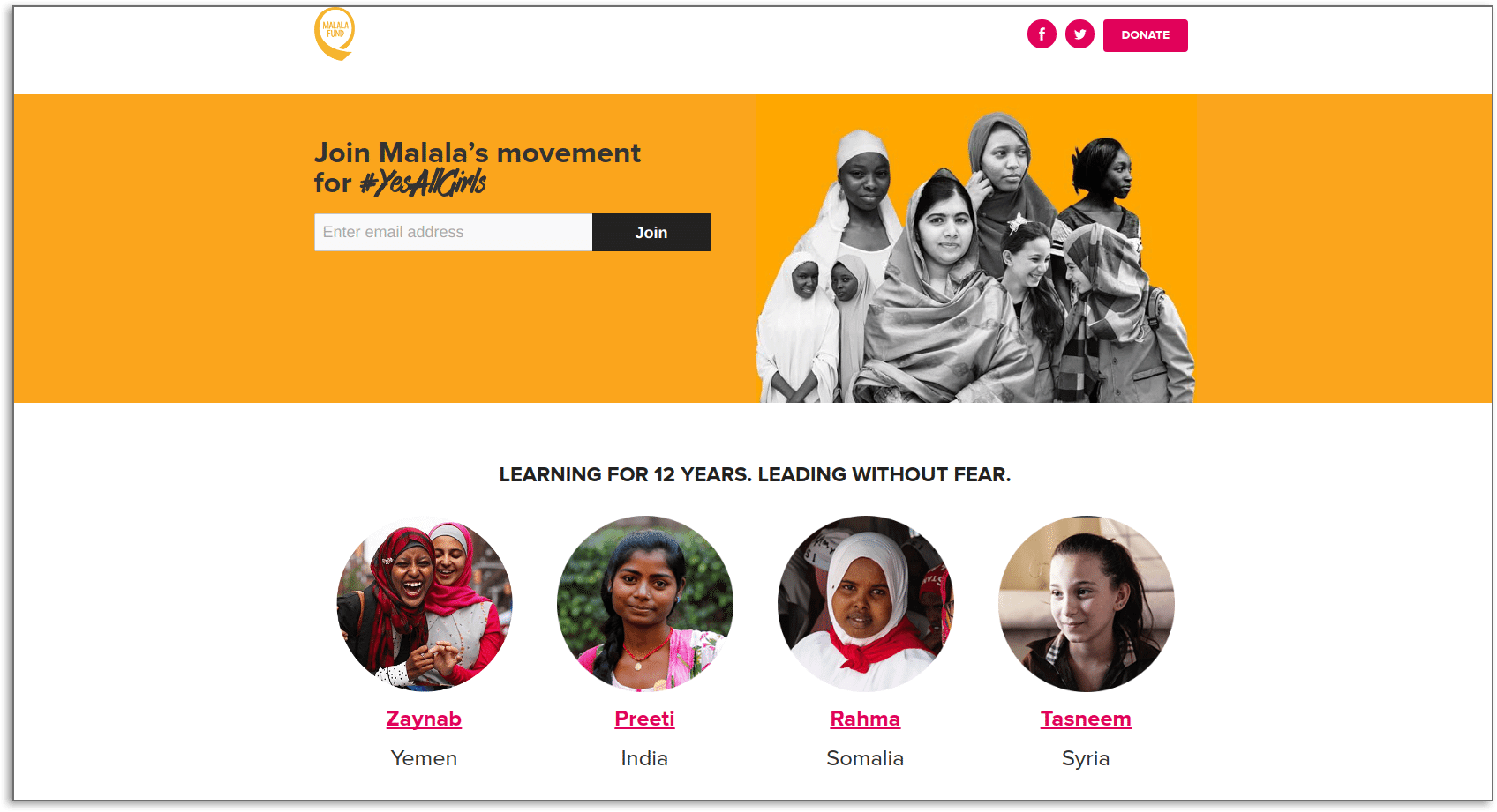 The Malala Fund's website includes tons of pictures of both their founder, Malala Yousafzai, and those they serve to add a personal touch, create visual impact, and spark an emotion response.