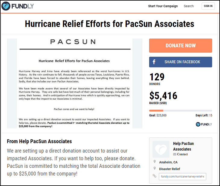 PacSun Disaster Relief Fundraiser with Matching Gifts