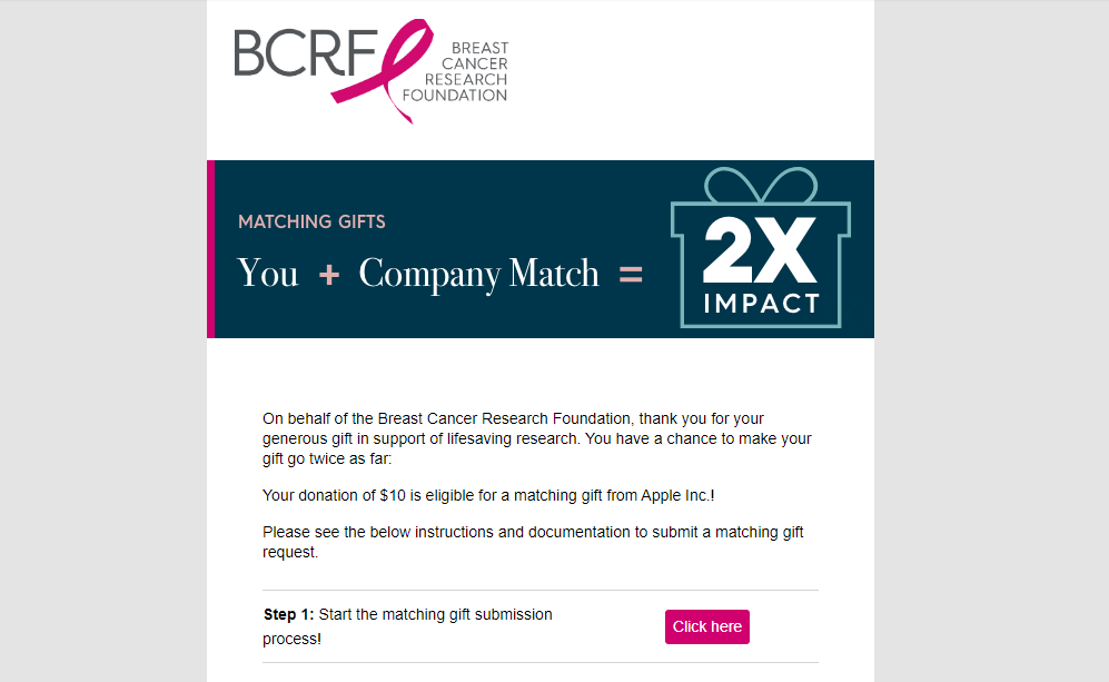 Matching gift follow-up email using peer-to-peer fundraising software