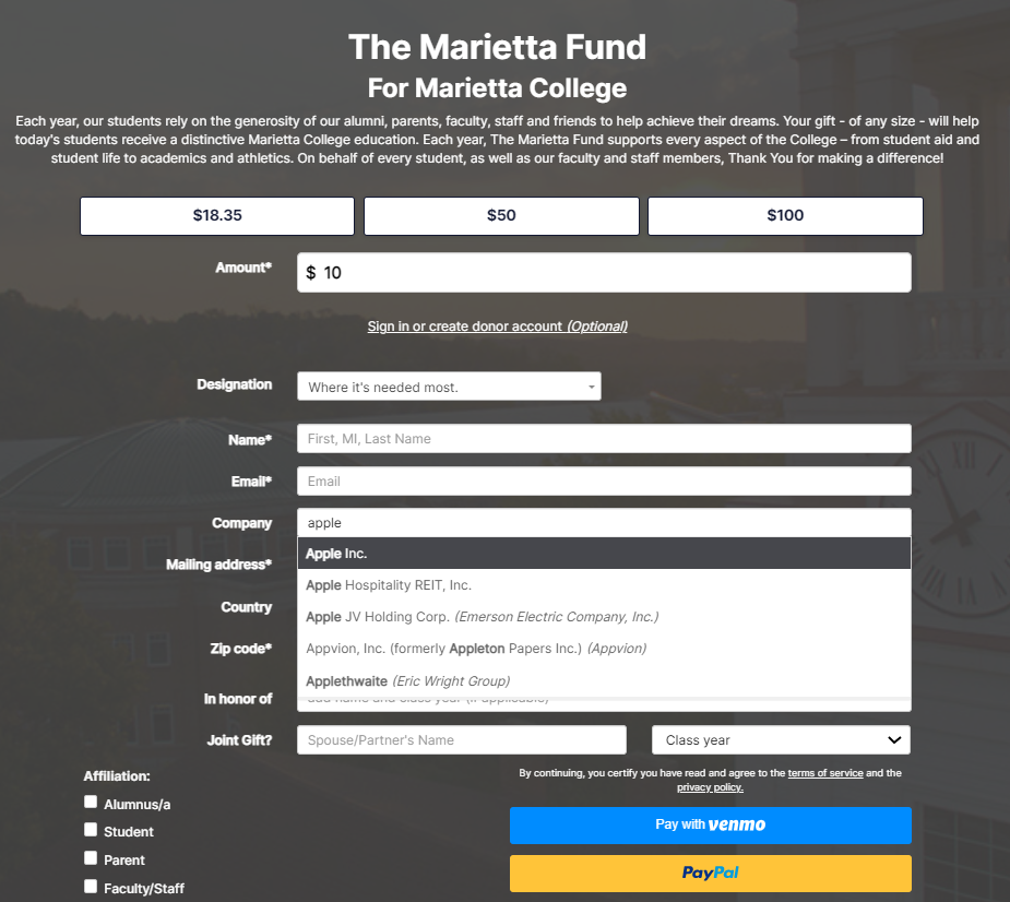 Example donation page using fundraising software