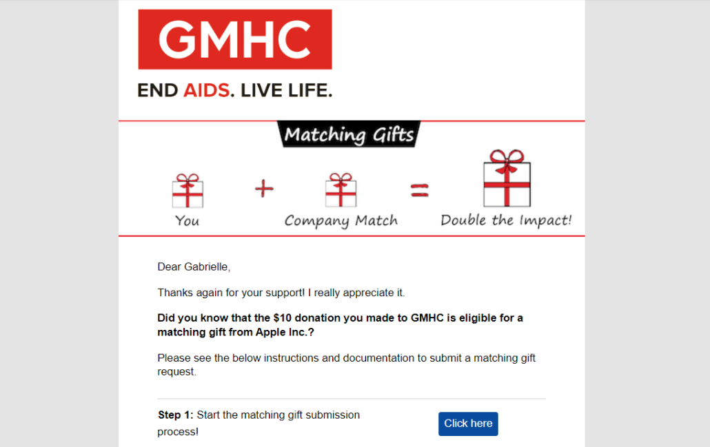 Matching gift follow-up email using fundraising software