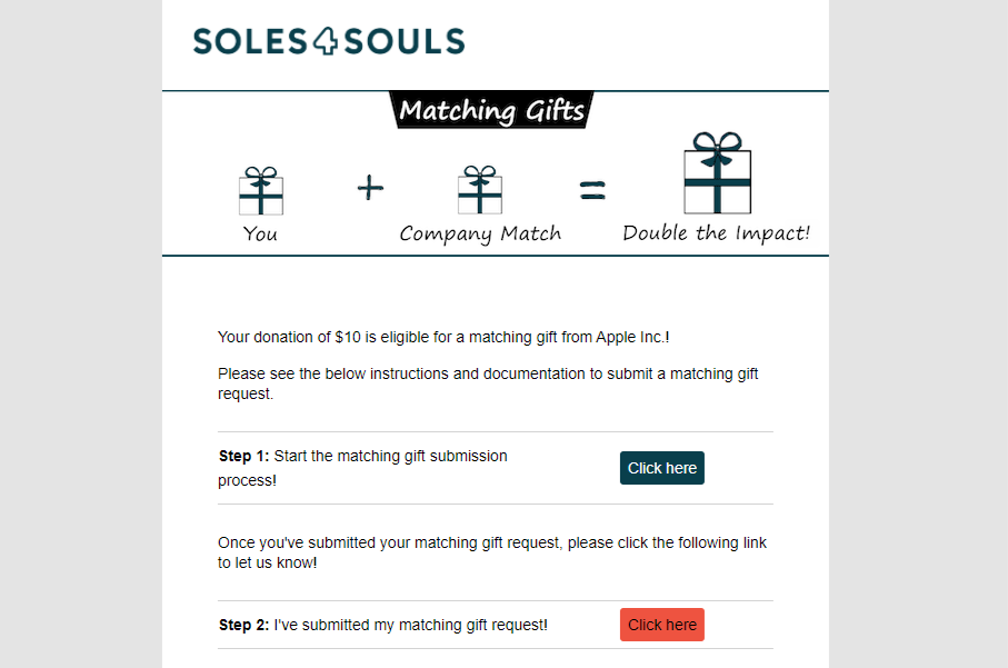 Matching gift follow-up email using peer-to-peer fundraising software