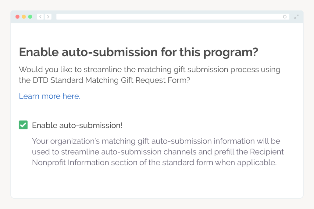 Enabling auto-submission for a one-off corporate matching gift program