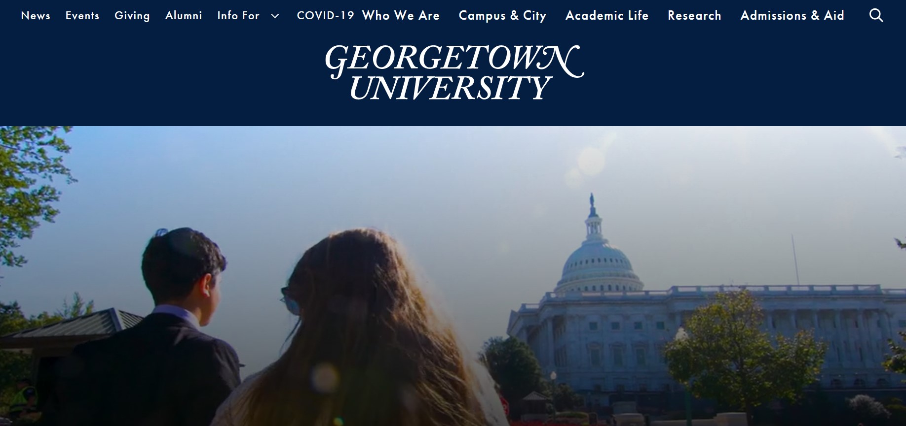 Georgetown University’s homepage includes options to learn more about the alumni experience, campus and city life, and academic life.