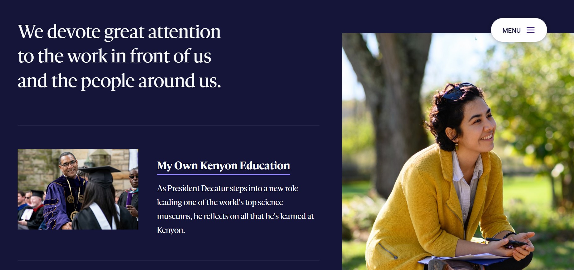 Kenyon College’s website is minimalist, with an easy easy-to-navigate layout and a concise sidebar menu.