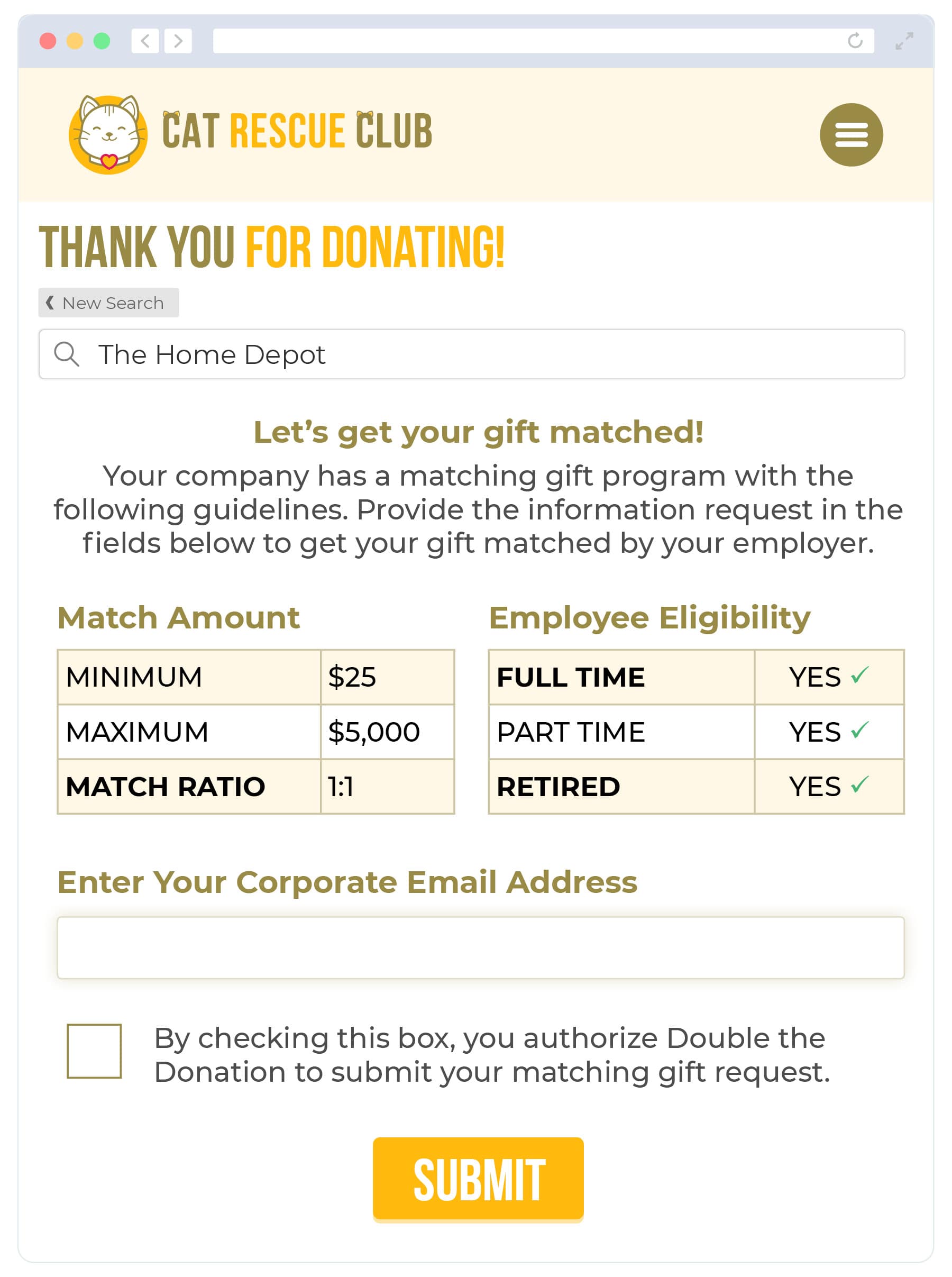 Donors can complete the matching gift request process from the confirmation page when their employer uses Double the Donation's standard matching gift form