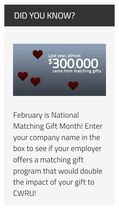 Sample Matching Gift Month marketing by CWRU