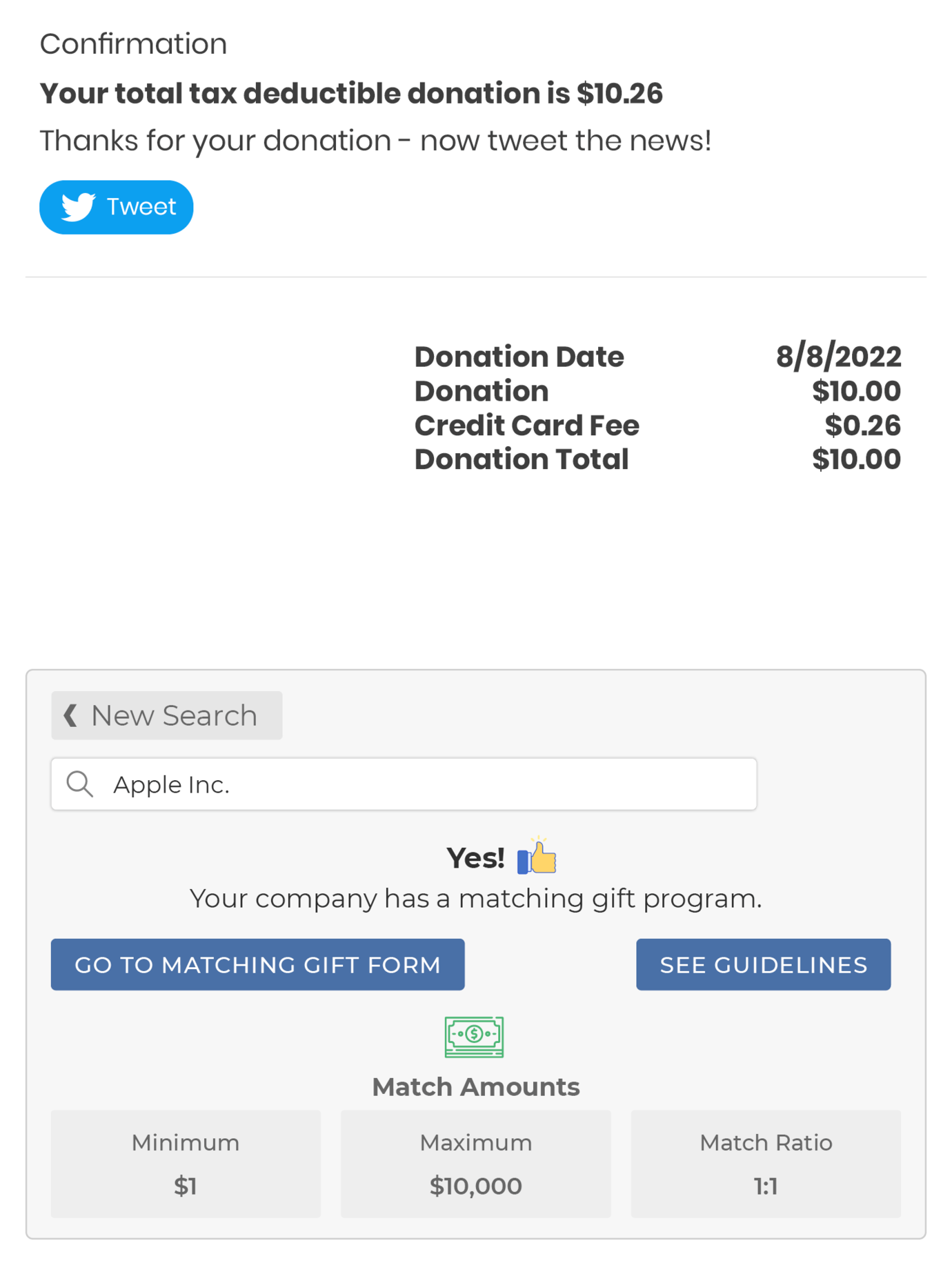 Example matching gift confirmation page from the Pan Mass Challenge