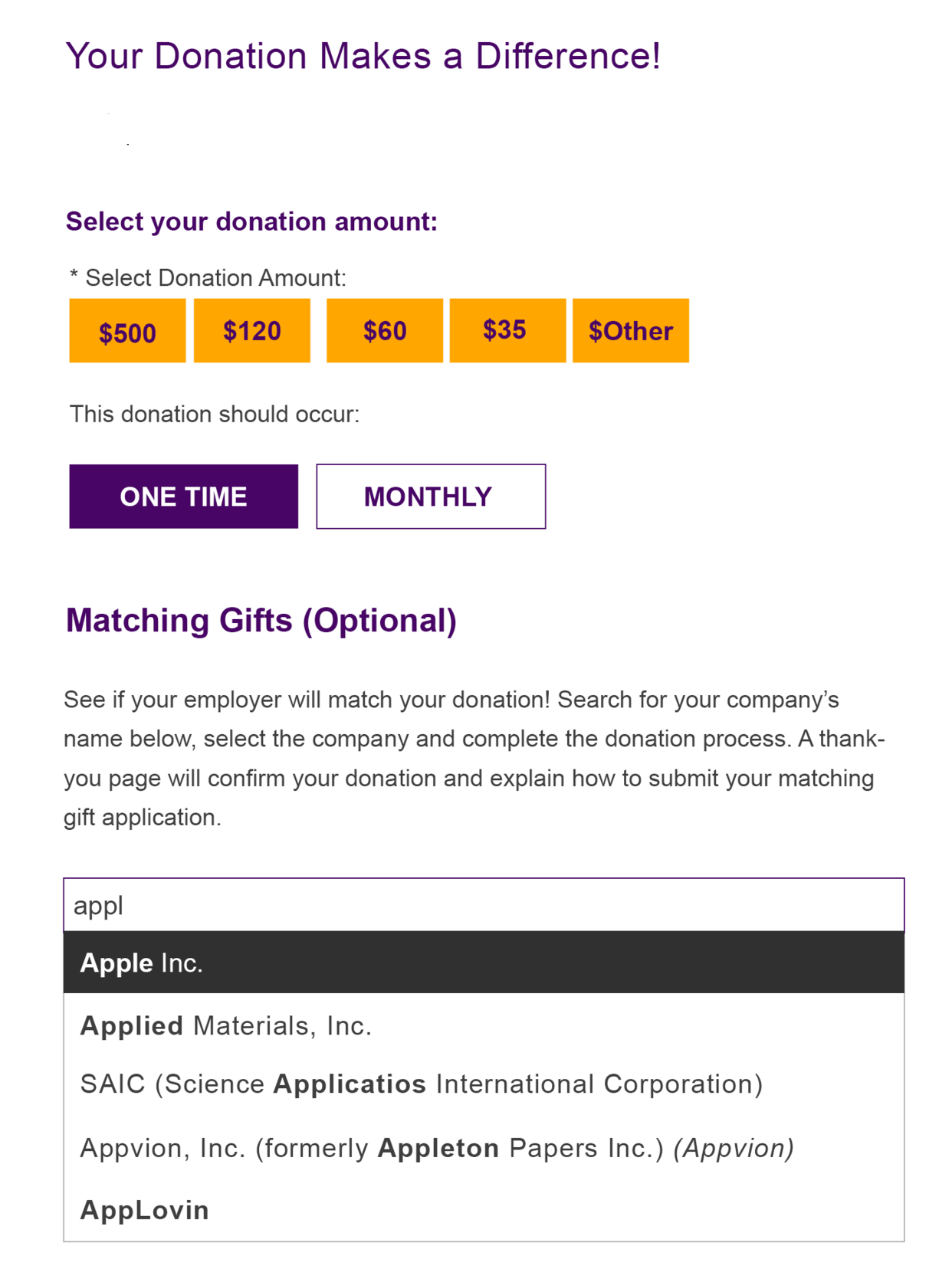 Example matching gift donation page from the Walk to End Alzheimer's