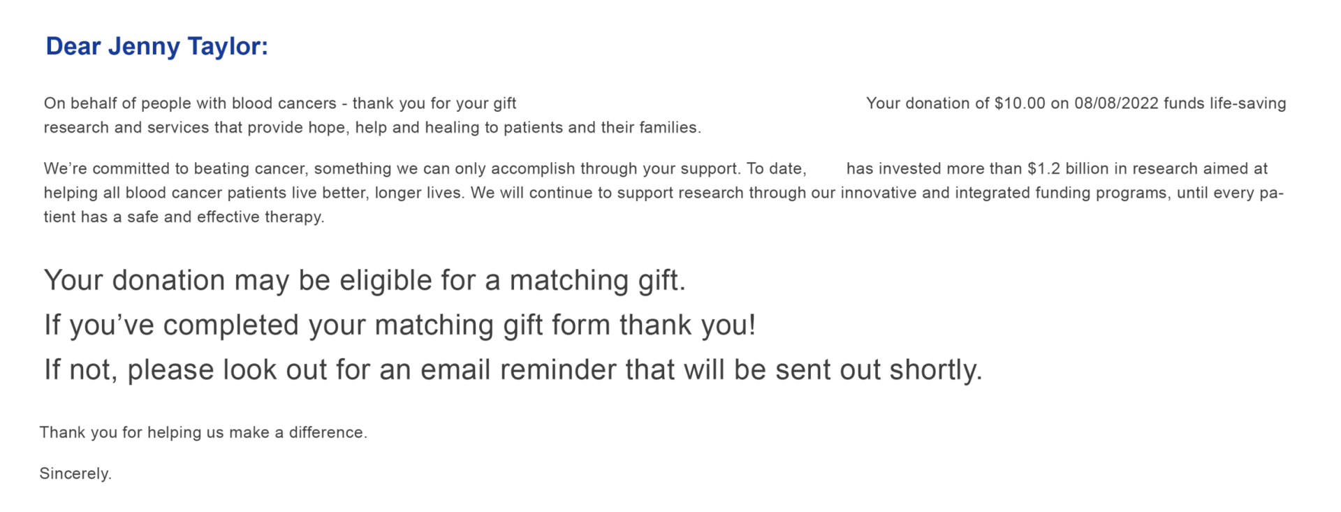 Example matching gift follow-up email from LLS