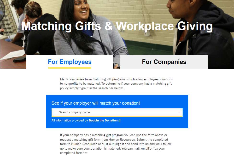 Example matching gift page from Covenant House