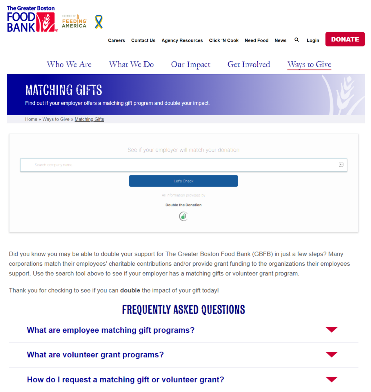 Greater Boston Food Bank matching gift page