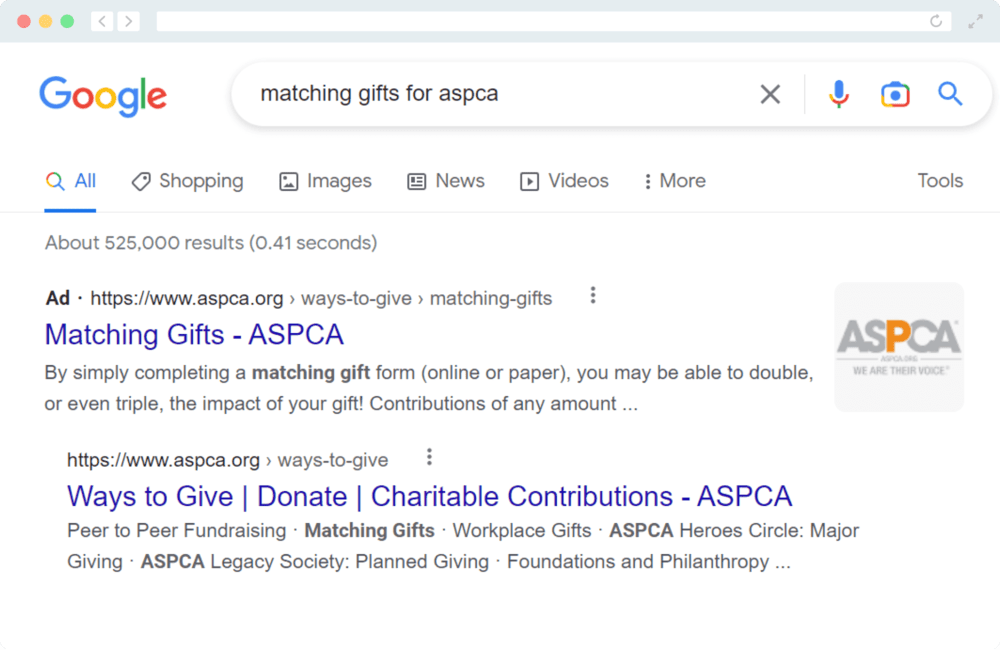This example image shows how ASPCA uses Google Ads to promote matching gifts.
