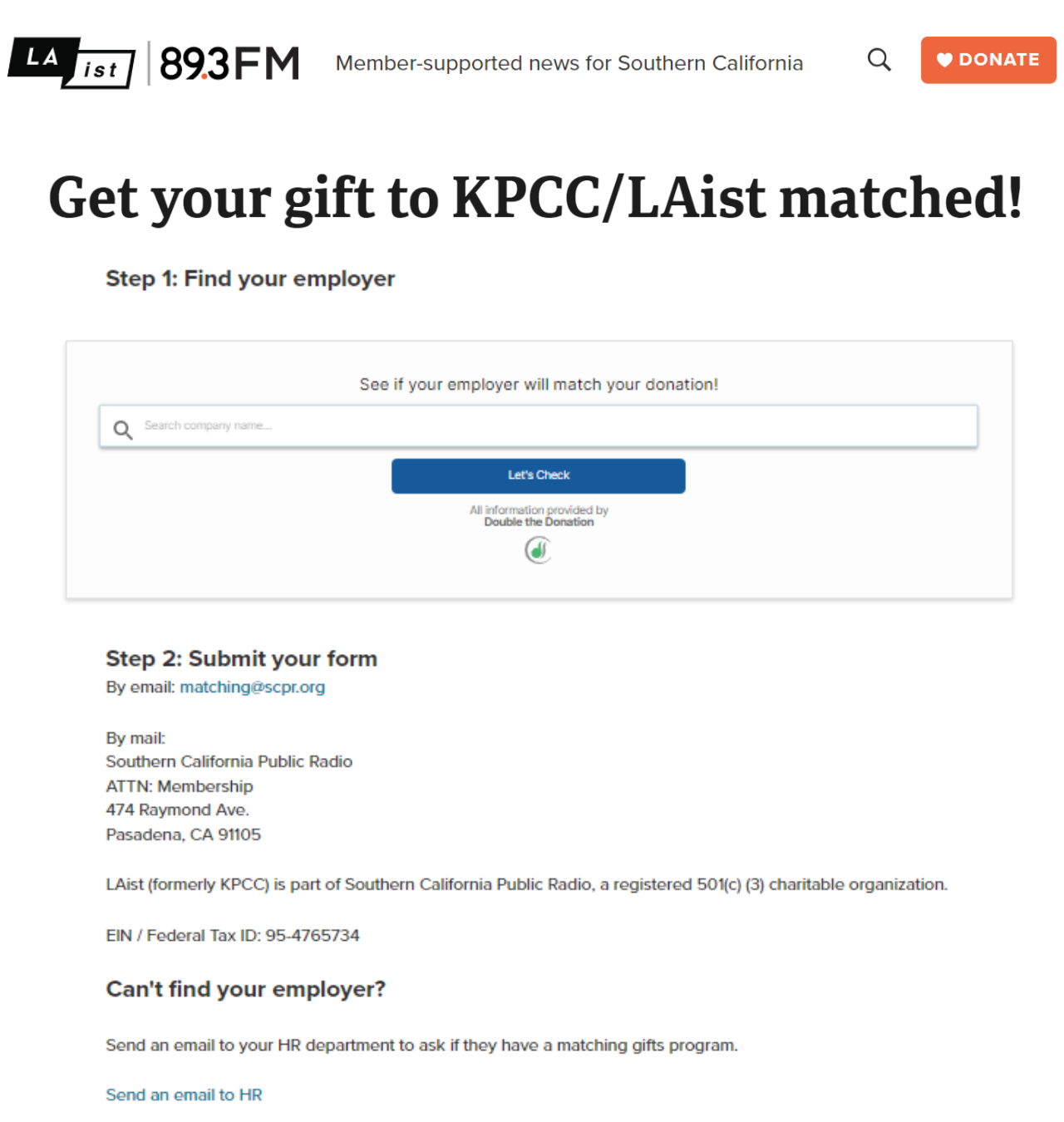 SCPR matching gift page