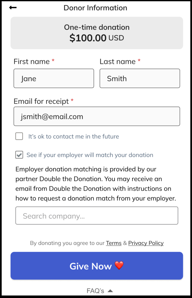 360MatchPro integration populated on a Classy embedded giving form