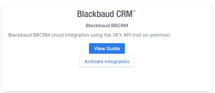 Image depicting the integration activation screen for Blackbaud CRM