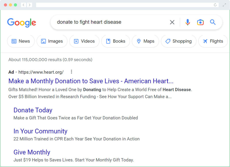 This nonprofit advertising examples shows how the American Heart Association uses Google Ads.