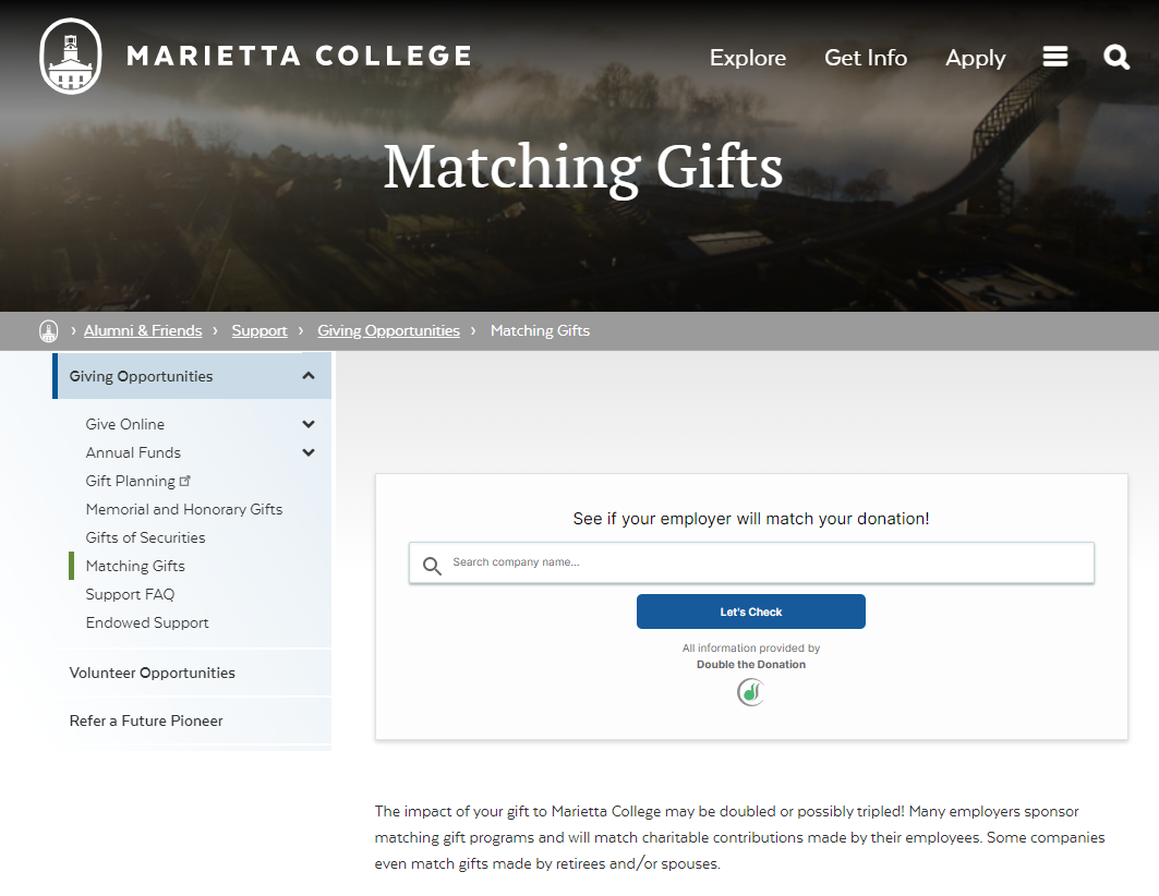 Marietta College's matching gift appeals page