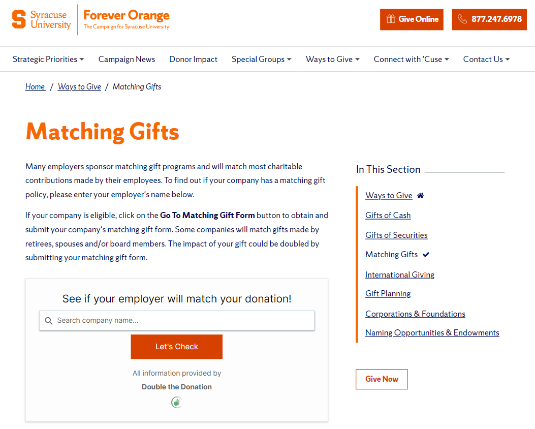 Syracuse University's matching gift appeals page