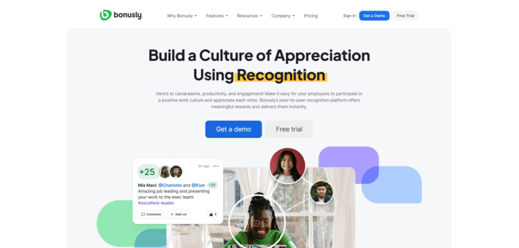 This image shows the website for Bonusly, a top employee engagement tool.