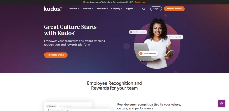This image shows the website for Kudos, a top employee engagement tool.