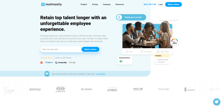 This image shows the website for Motivosity, a top employee engagement tool.