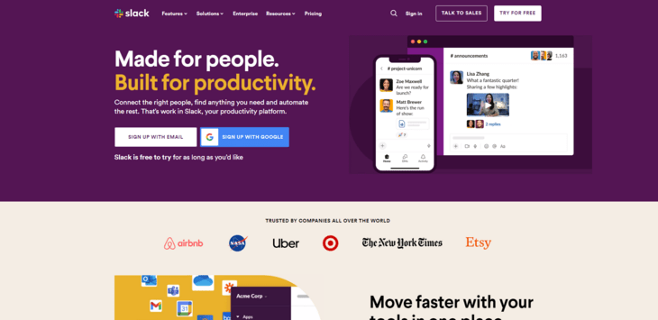 This image shows the website for Slack, a top employee engagement tool.