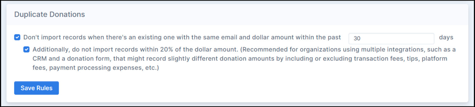 To address a multiple integration duplication issue, we have released an additional filter to exclude records with the same email address and donation amounts within 20% of each other. 