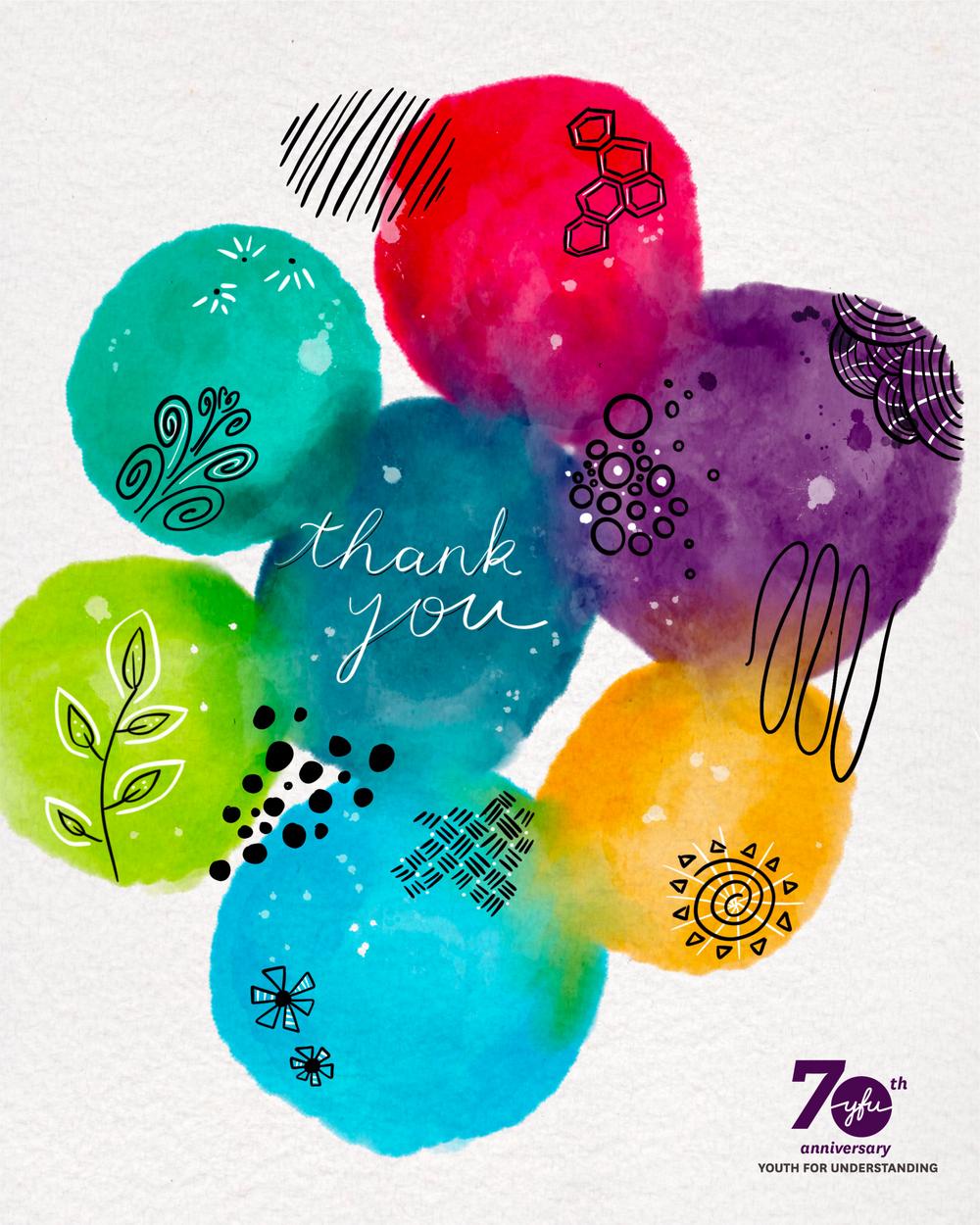 A colorful donor thank you eCard with many balloons and the words "Thank you."