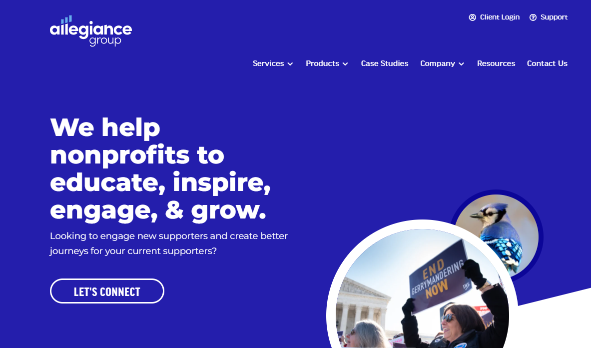 This screenshot of Allegiance Group’s homepage encourages nonprofits to be bold in their direct mail fundraising and learn more about the agency’s services.