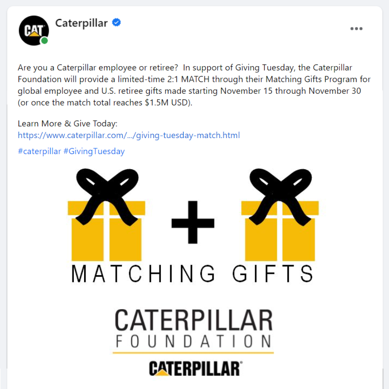 Caterpillar's Giving Tuesday matching gifts efforts