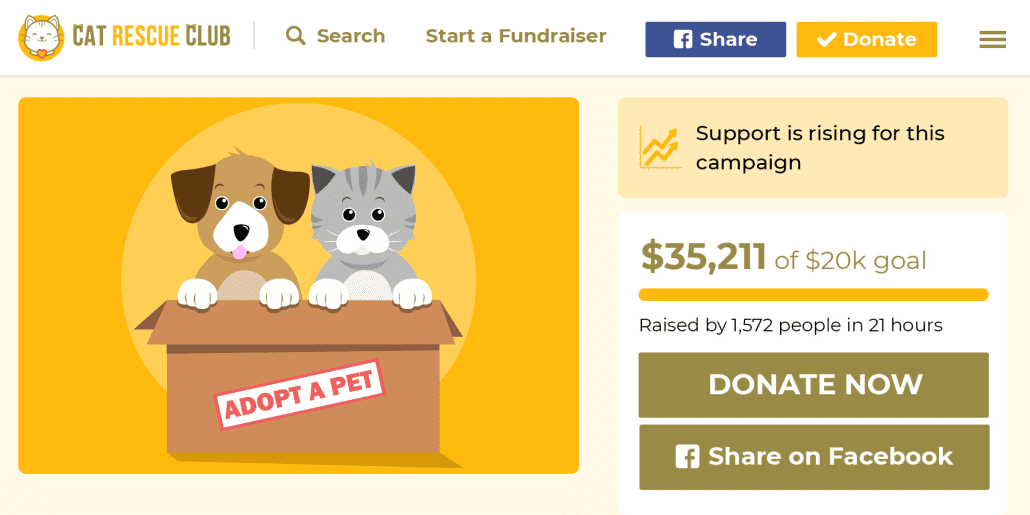 an example nonprofit fundraising crowdfunding site for an animal adoption organization is shown.
