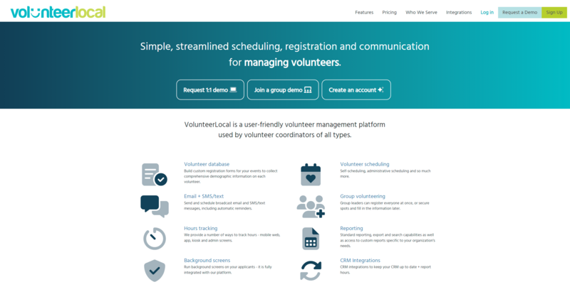 This image shows the website of VolunteerLocal, a top volunteer management tool.