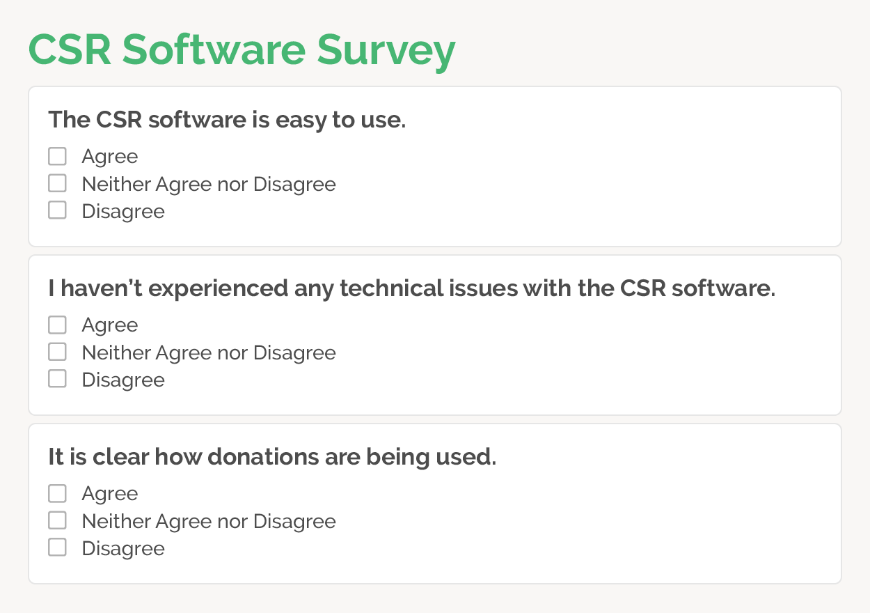 The image is an example CSR software survey that a business might share with employees to collect feedback.