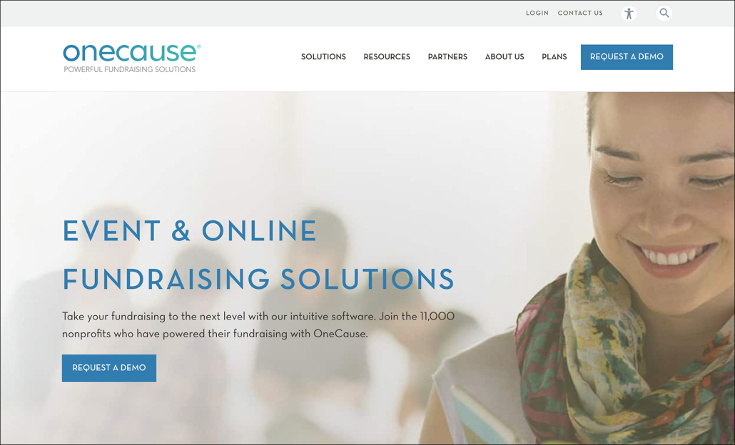 A screenshot of the homepage for OneCause, one of our top recommendations for nonprofit Salesforce apps.