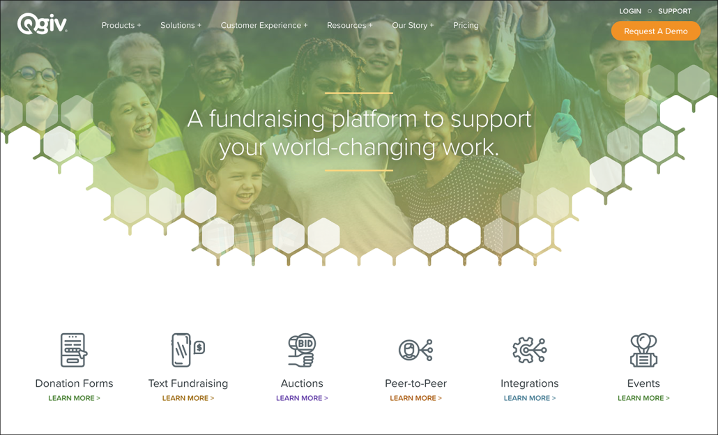 A screenshot of Qgiv’s homepage that includes information about its Salesforce integration for nonprofits.