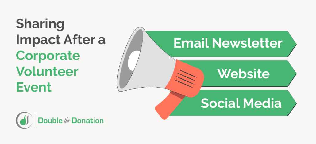 This image illustrates three channels to share impact on after engaging employees in compelling corporate volunteering ideas.