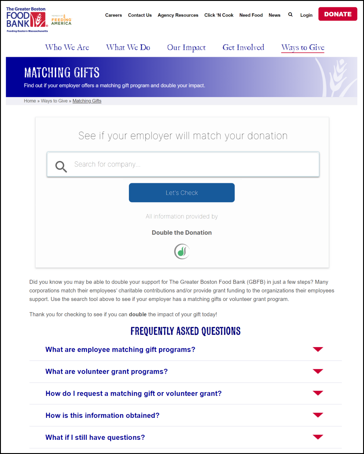 Top Nonprofit Websites example - GBFB screenshot