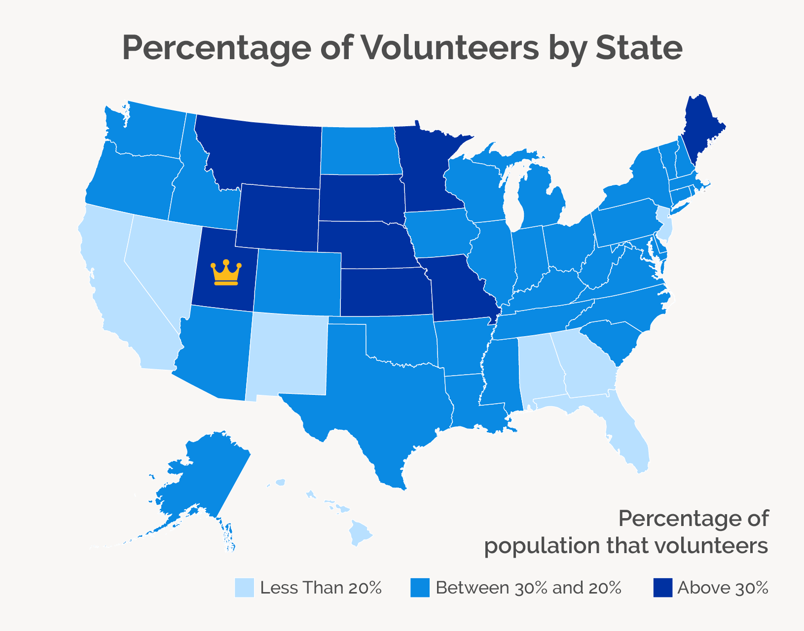 The image depicts the percentage of volunteers in each state population with Utah having the highest percentage. 