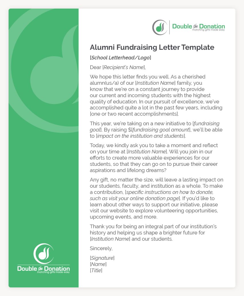 A template that colleges and universities can use to craft compelling alumni fundraising letters, included in the text below.
