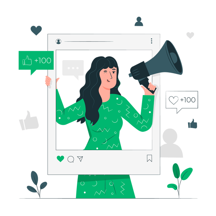 A woman inside a frame of a social media post with a megaphone, representing nonprofit marketing software