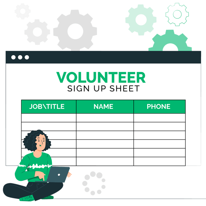 A woman using a laptop in front of a volunteer sign up sheet, representing volunteer management software