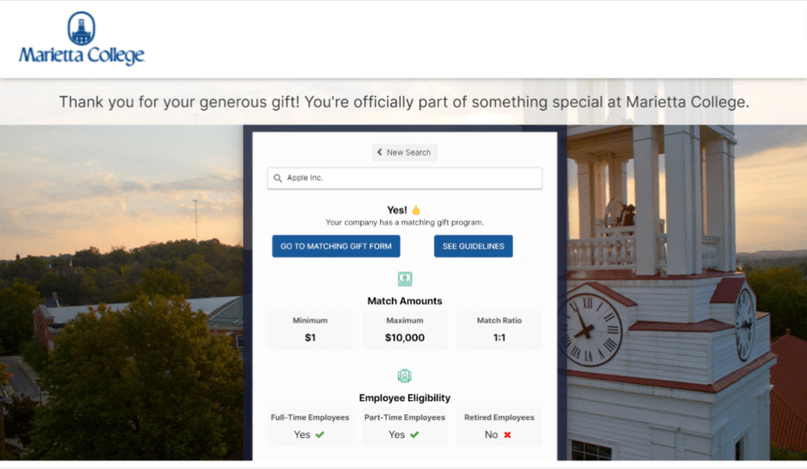 Marietta College used its online fundraising software to create this confirmation page.