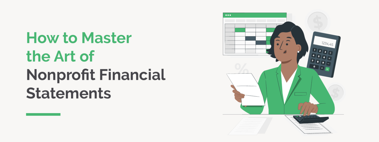 The title of the article beside an illustrated nonprofit professional preparing nonprofit financial statements.