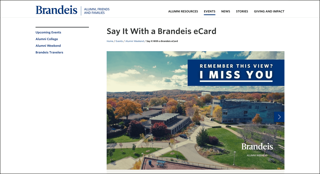 The eCard sending page on the Brandeis University alumni website