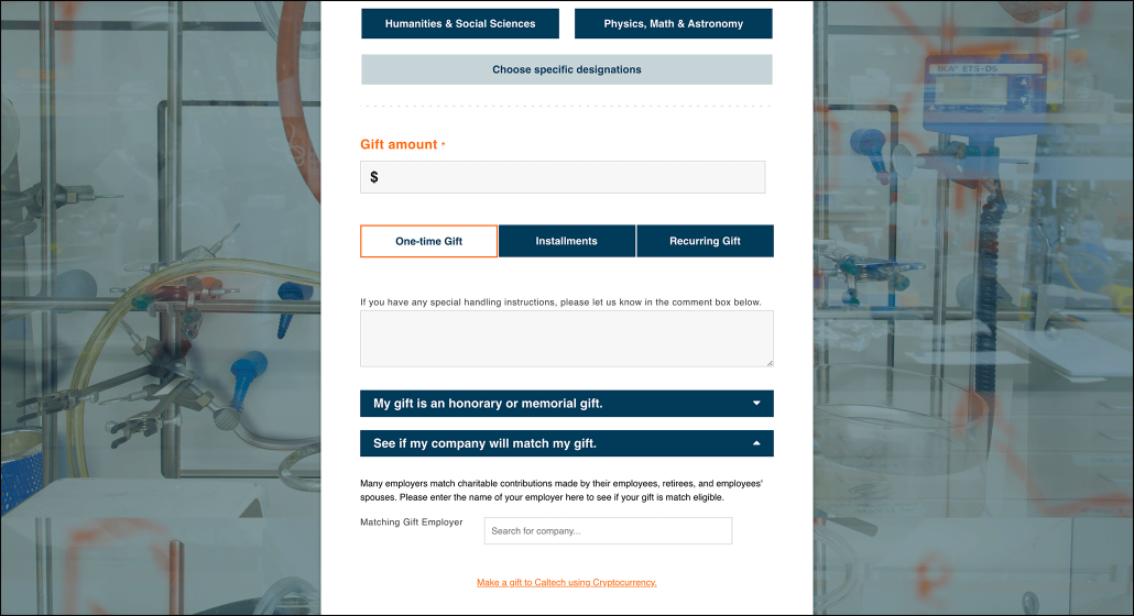 The donation form on CalTech’s alumni website, featuring recurring giving options and a matching gift search bar.